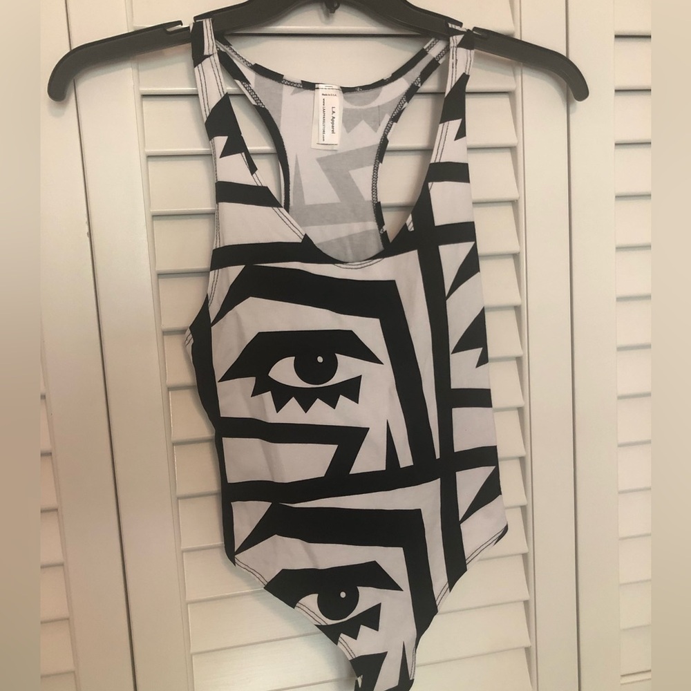 Black and White Graphic Racerback Thong Bodysuit